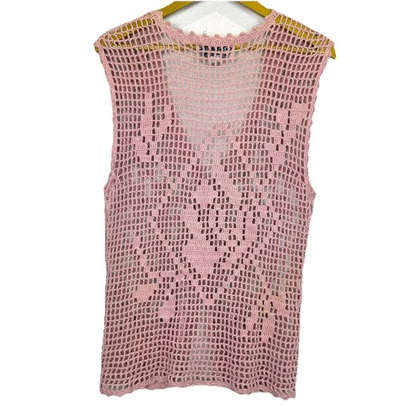 Vintage Y2K Womens Top L Pink Crochet Long Vest Boho Hippie Pearls Embellished - Picture 2 of 9